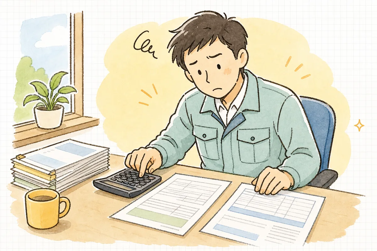 産廃の請求書と委託契約書を机に並べ、電卓を手に数字が合わず少し首をかしげている事務担当者