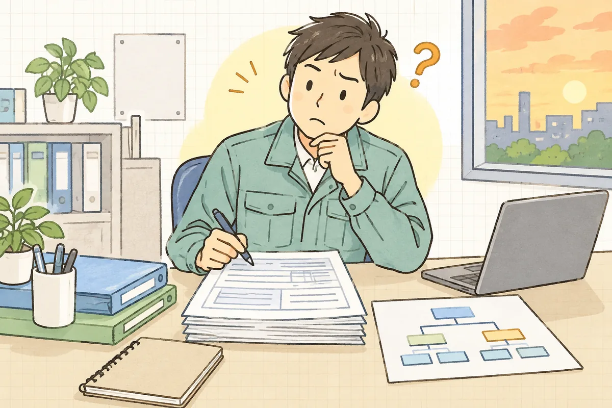 許可申請書の一つの欄で手を止め、会社の組織図を見比べながら考え込む作業着姿の産廃事務担当者