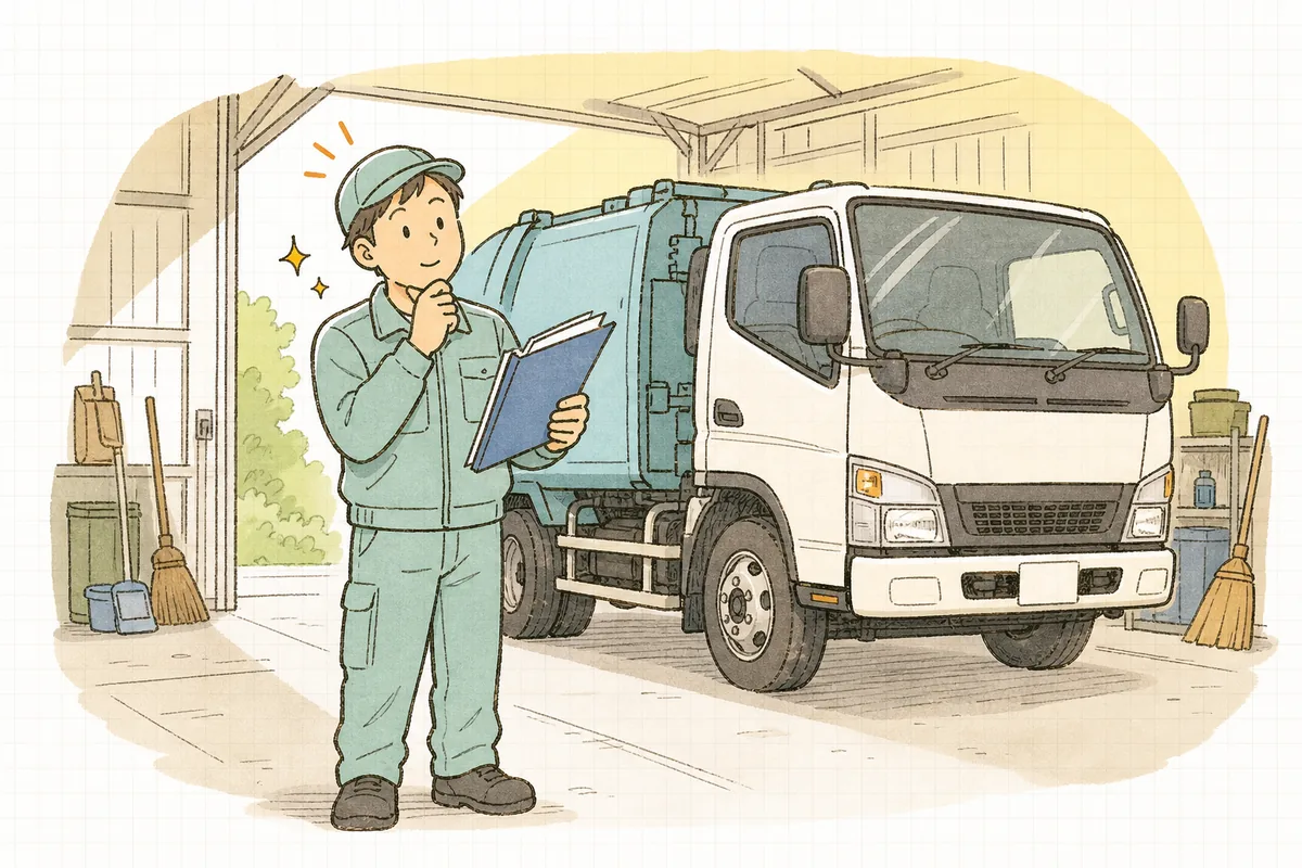 新しく入った収集運搬車両のそばで、車検証の写しを手に届出の準備を確認する産廃の現場担当者