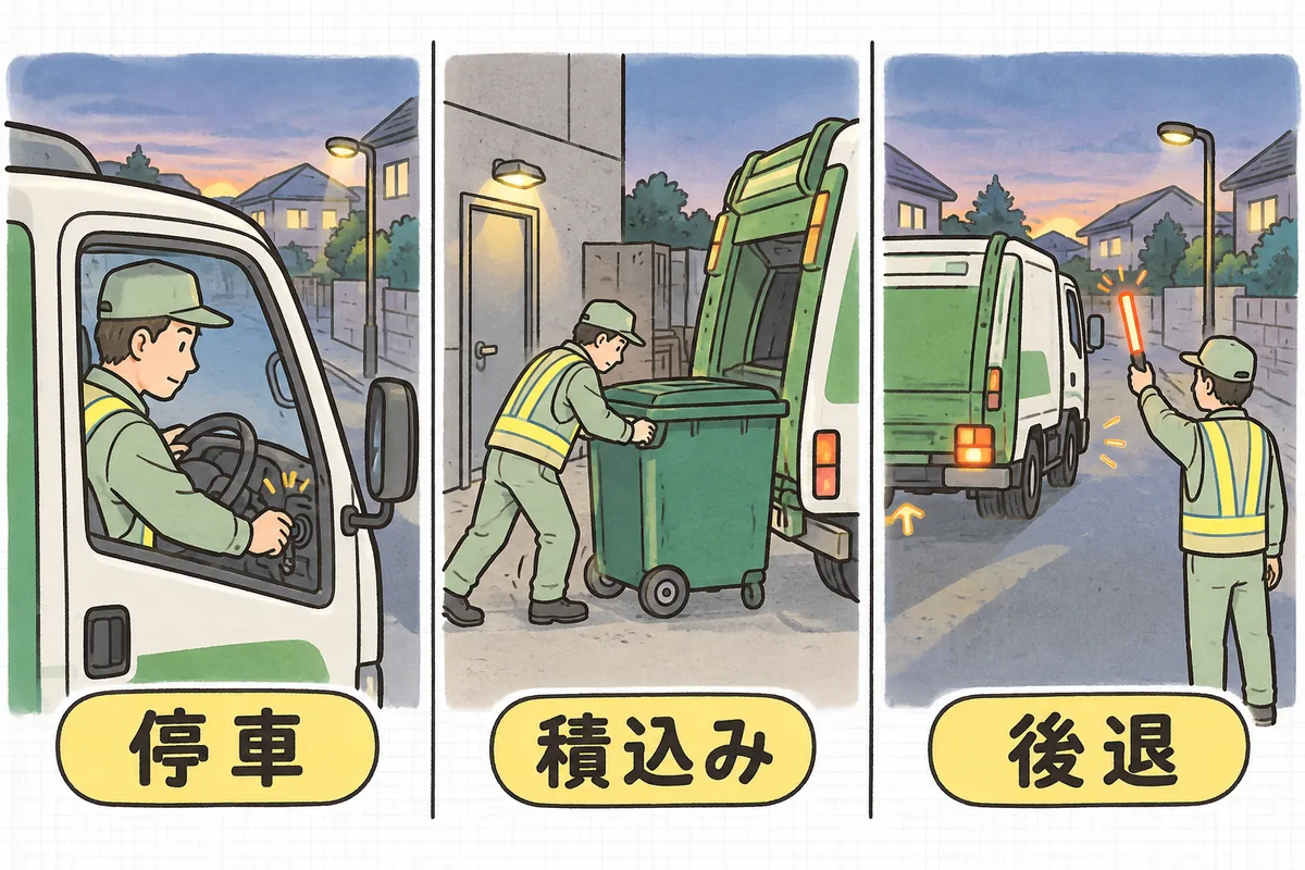 深夜・早朝の収集を、停車・積込み・後退の3つの場面に分けて並べた図