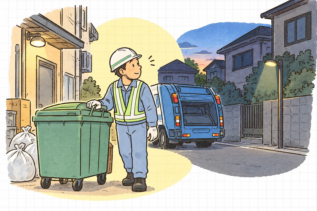 夜明け前の静かな住宅街の一角で、店舗裏の回収場所に停めた収集車の横に立ち、周りの家の窓を気にかけながらそっとコンテナに手をかけている作業員