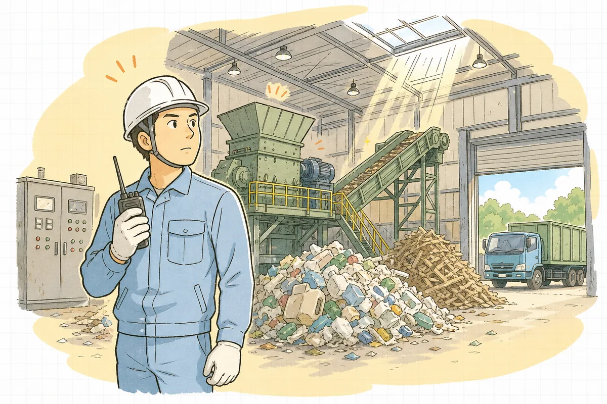 設備が止まって静かになった中間処理施設の建屋の中で、制御盤の前に立ち、止まった破砕機を見つめながら次の段取りを考えている産廃処理会社の現場担当者