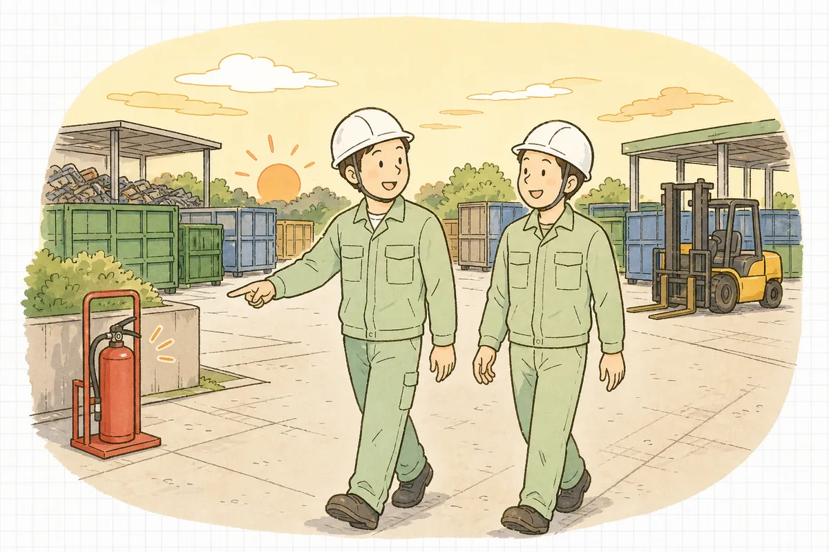 夕方のヤードで、通路脇に設置された消火器の前を、仲間と並んで歩きながら笑顔で言葉を交わす産廃処理会社の担当者
