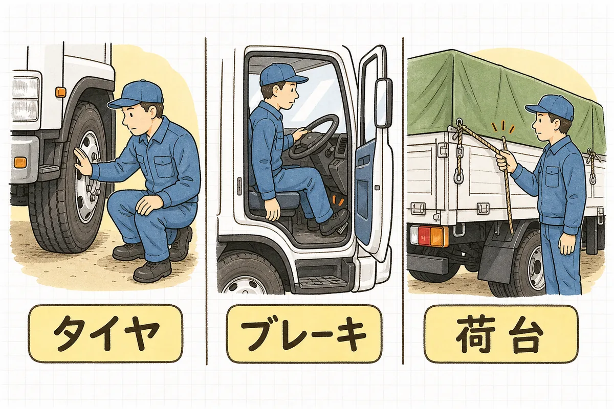 出庫前の日常点検を、タイヤ・ブレーキ・荷台の3つの確認場面に分けて並べた図