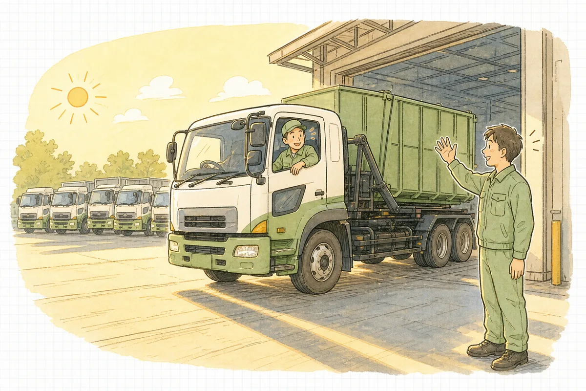 朝日が差す車庫から、点検を終えた収集運搬トラックが出発していくのを見送る産廃会社の担当者