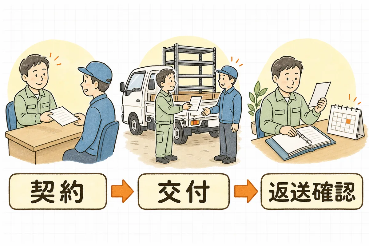 机で委託契約書を取り交わす場面、トラックへの引き渡しの横でマニフェストを手渡す場面、戻ってきた伝票の控えをファイルで確かめる場面の3つを左から順に並べ、矢印でつないだ流れの図