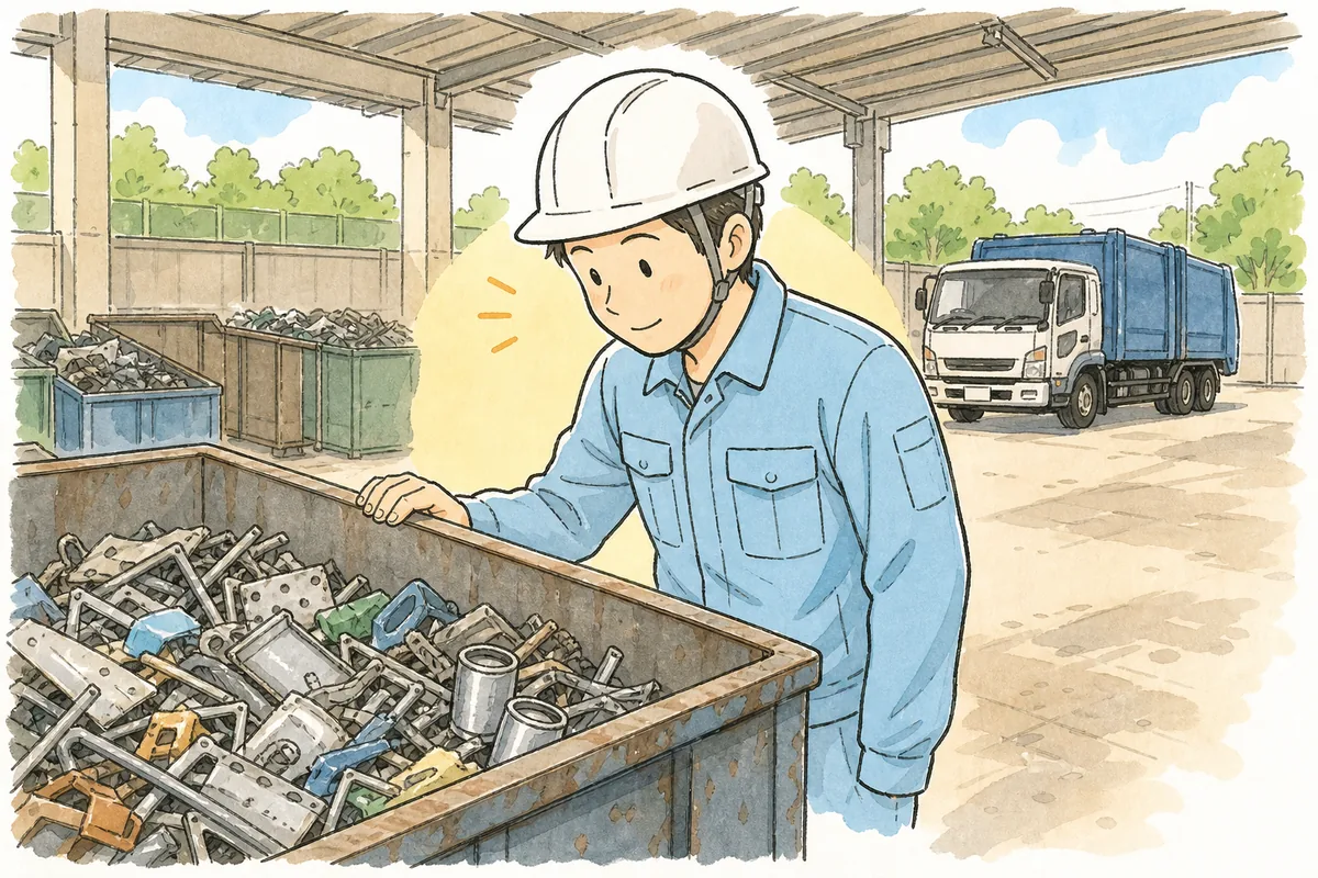 受け入れた産廃の中からスプレー缶が出てきたことに気づき、作業を止めて確認している産廃現場の担当者