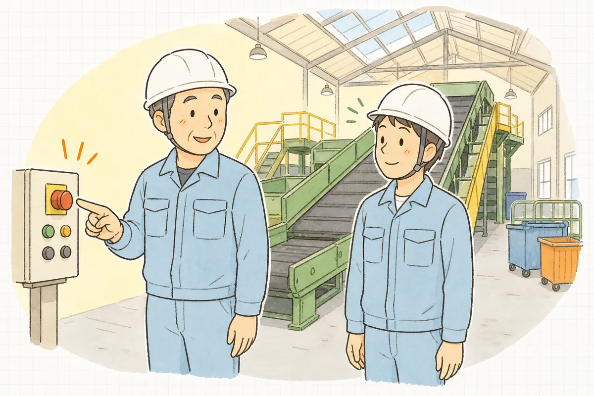 朝の手選別ラインの前で、ベテランの作業員が新人の作業員に非常停止ボタンの場所を指さして教え、新人がうなずいている穏やかな場面