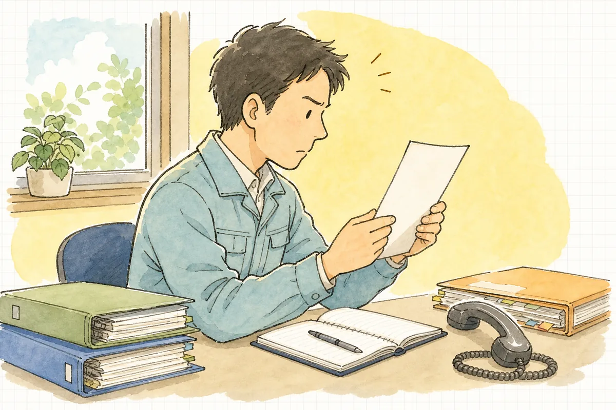 事務所の机で産業廃棄物収集運搬業の許可証を手に取り、「特管」の記載があるかどうかを確かめている作業着姿の担当者