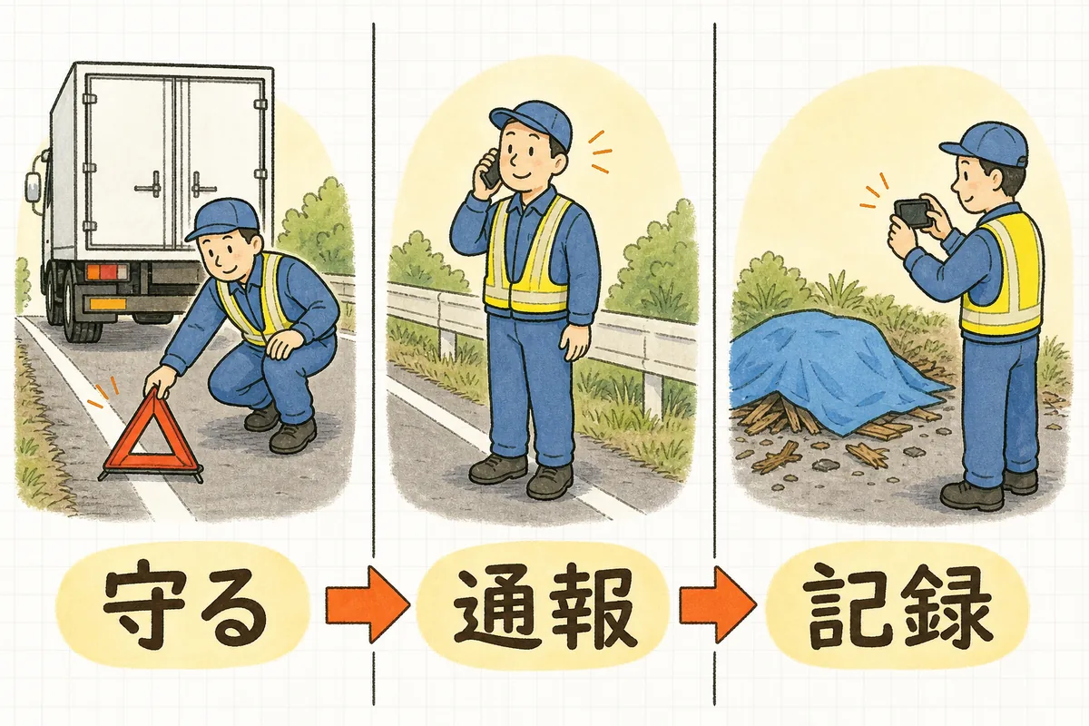 運搬中の事故のあとにやることを、三角表示板を置く場面・電話で通報する場面・散らばった廃棄物にシートをかけて写真を撮る場面の3つに分け、左から順に並べた図